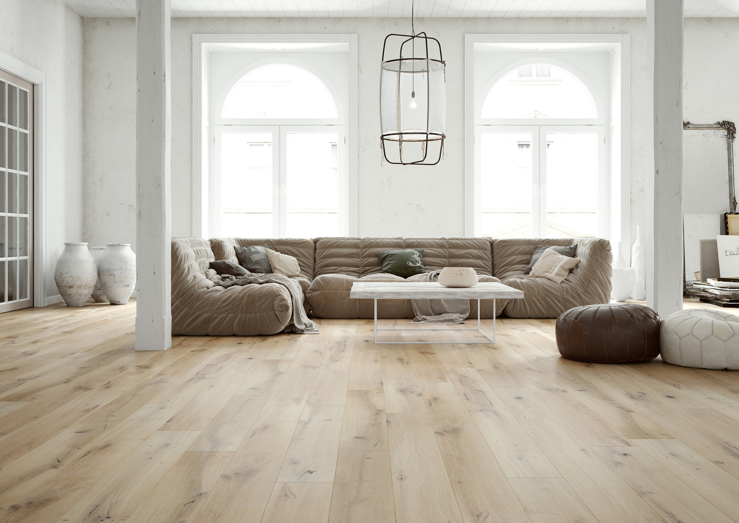 Waterproof laminate flooring installed in a modern residential living room