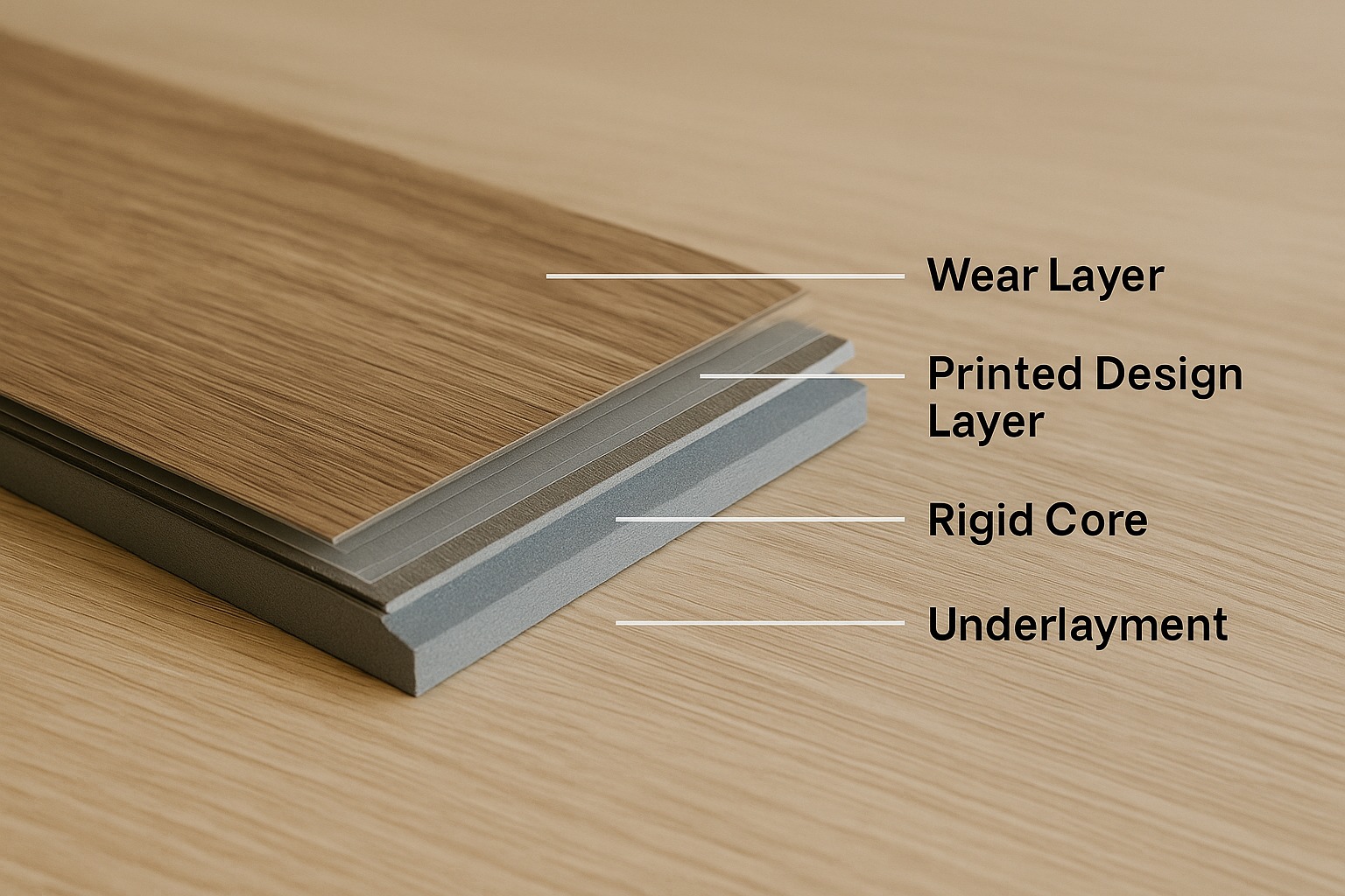 SPC flooring structure showing wear layer, printed design layer, rigid core, and attached underlayment
