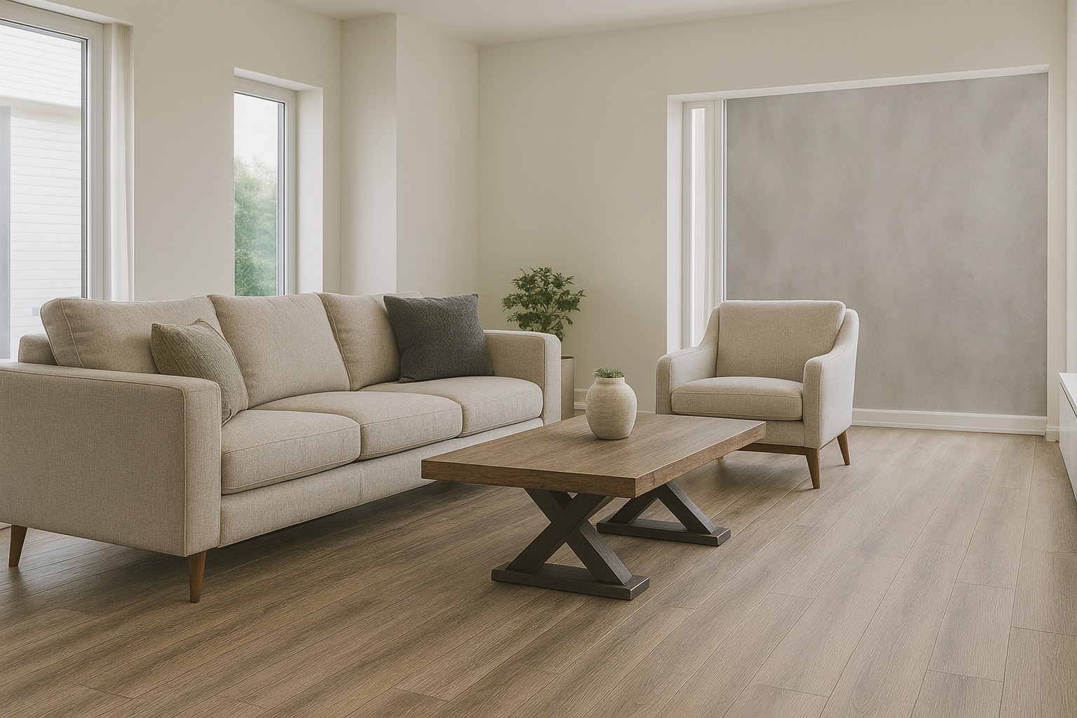 Modern living room with SPC flooring showing durable rigid core vinyl flooring and realistic wood grain design