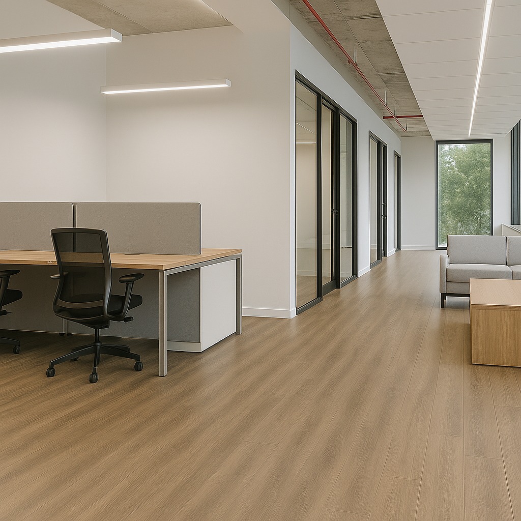 Commercial office interior featuring SPC flooring with rigid core vinyl planks and wood-look finish