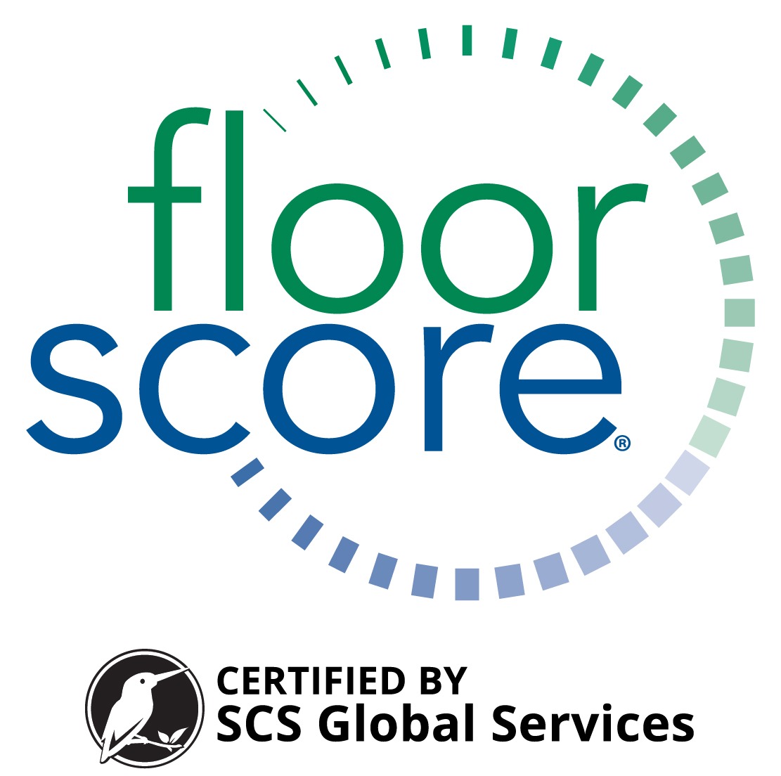 FloorScore certification logo certified by SCS Global Services for indoor air quality compliance