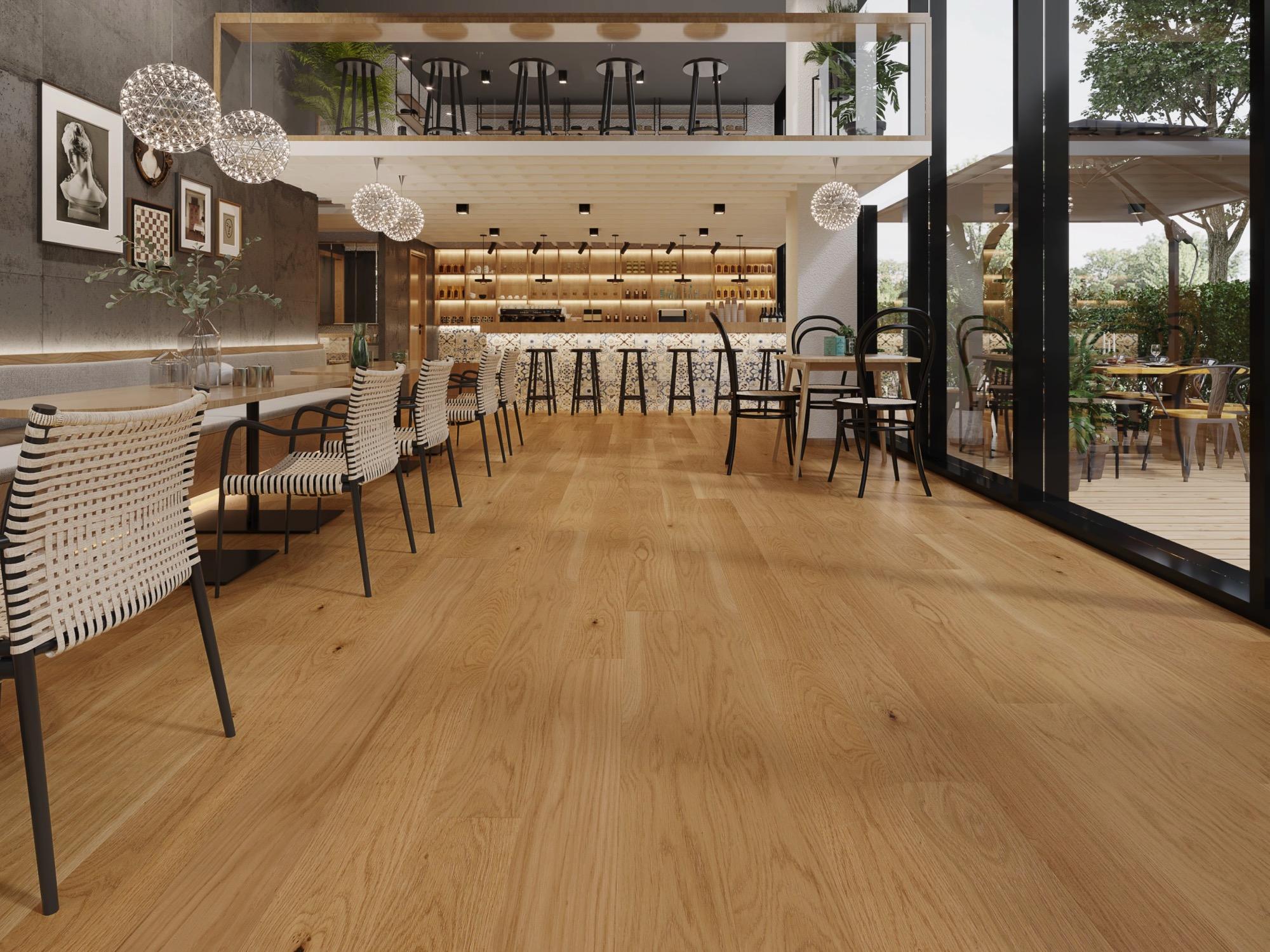 Modern restaurant interior featuring waterproof MSPC flooring with natural wood appearance for commercial dining spaces..jpg