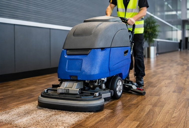Commercial SPC flooring cleaning with professional floor scrubber in a retail or office environment, demonstrating proper maintenance practices