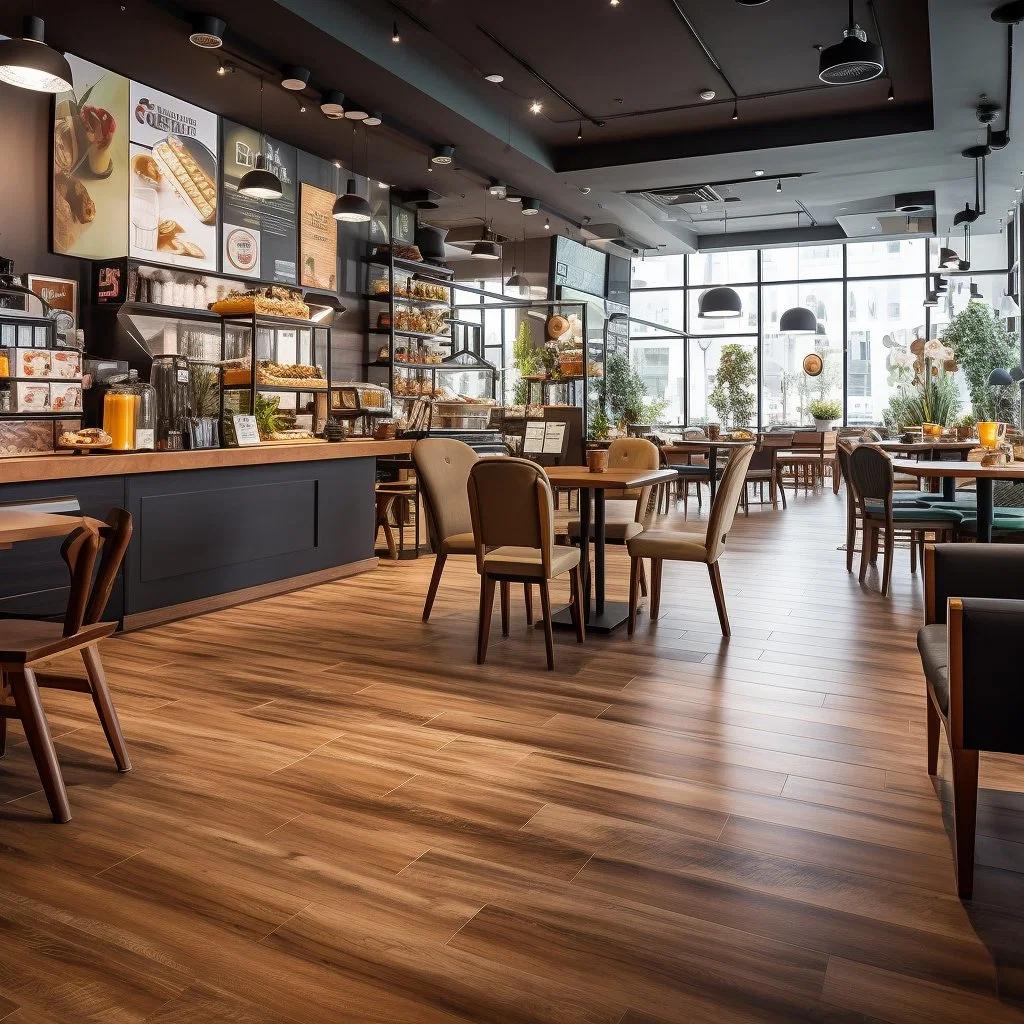 Modern restaurant interior featuring waterproof MSPC flooring with natural wood appearance for commercial dining spaces.1.jpg