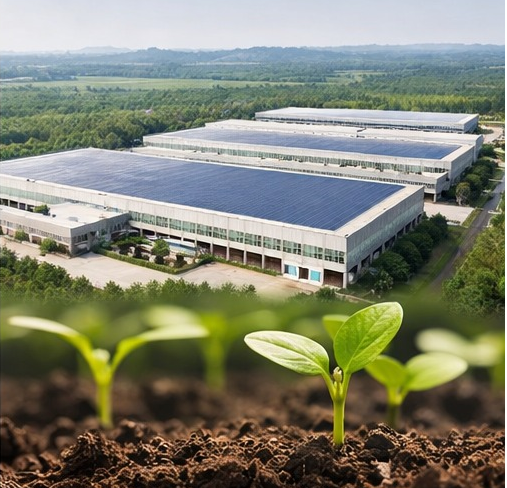 Green seedlings growing on SPC flooring material highlighting ESG commitment